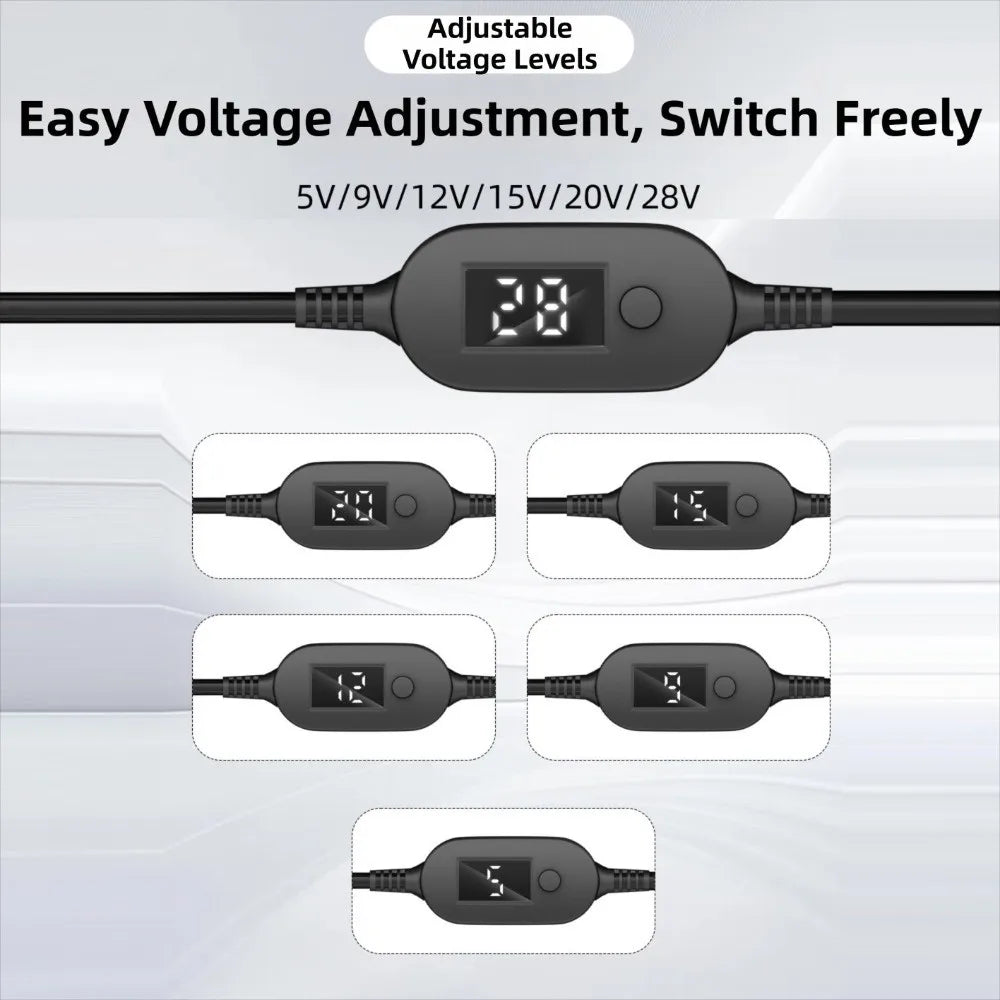USB-C to DC Adapter Cable Adjustable 5V–20V Digital Display USB-C Power Adapter HIP