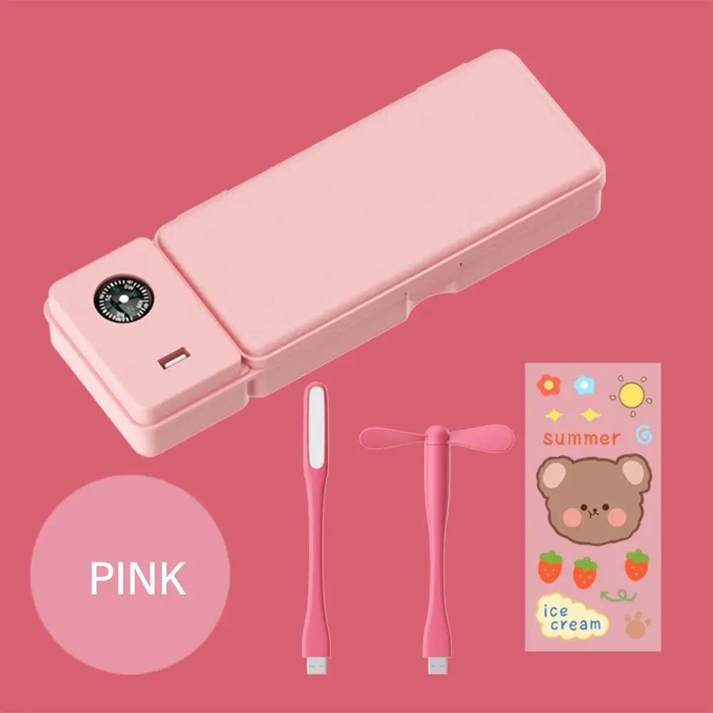 Double Layer Pencil Case with Fan, Desk Lamp & Compass Pencil Case Organizer HIP Pink