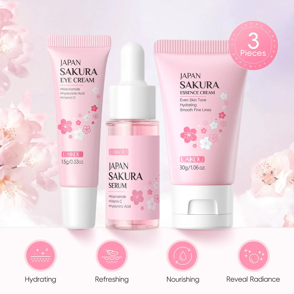 LAIKOU Sakura 3-Piece Skincare Set – Serum, Eye Cream & Essence Skincare Gift Set HIP