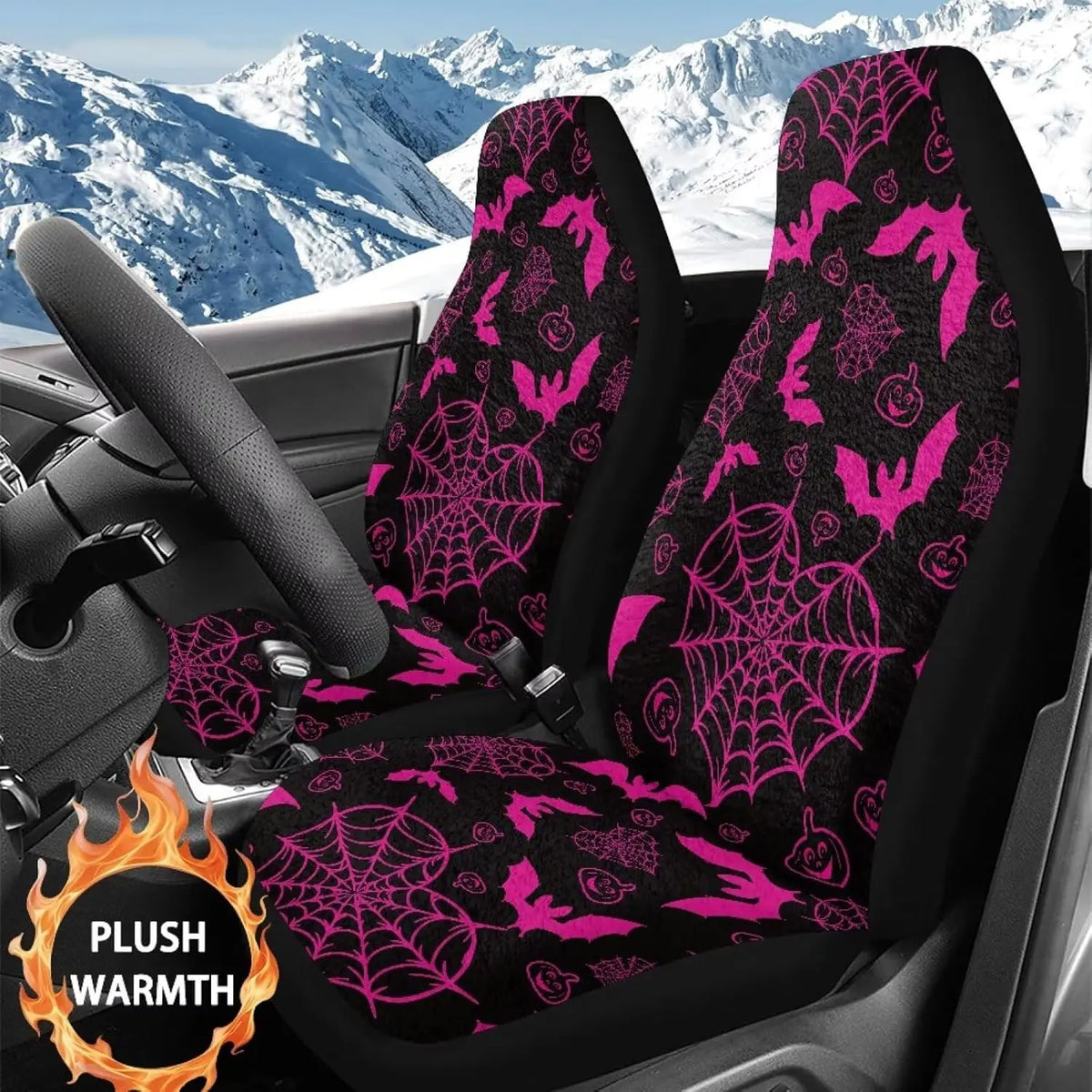 Pink Bats Halloween Car Seat Cover Set – 2-Piece Soft Plush Car Seat Cover Set HIP