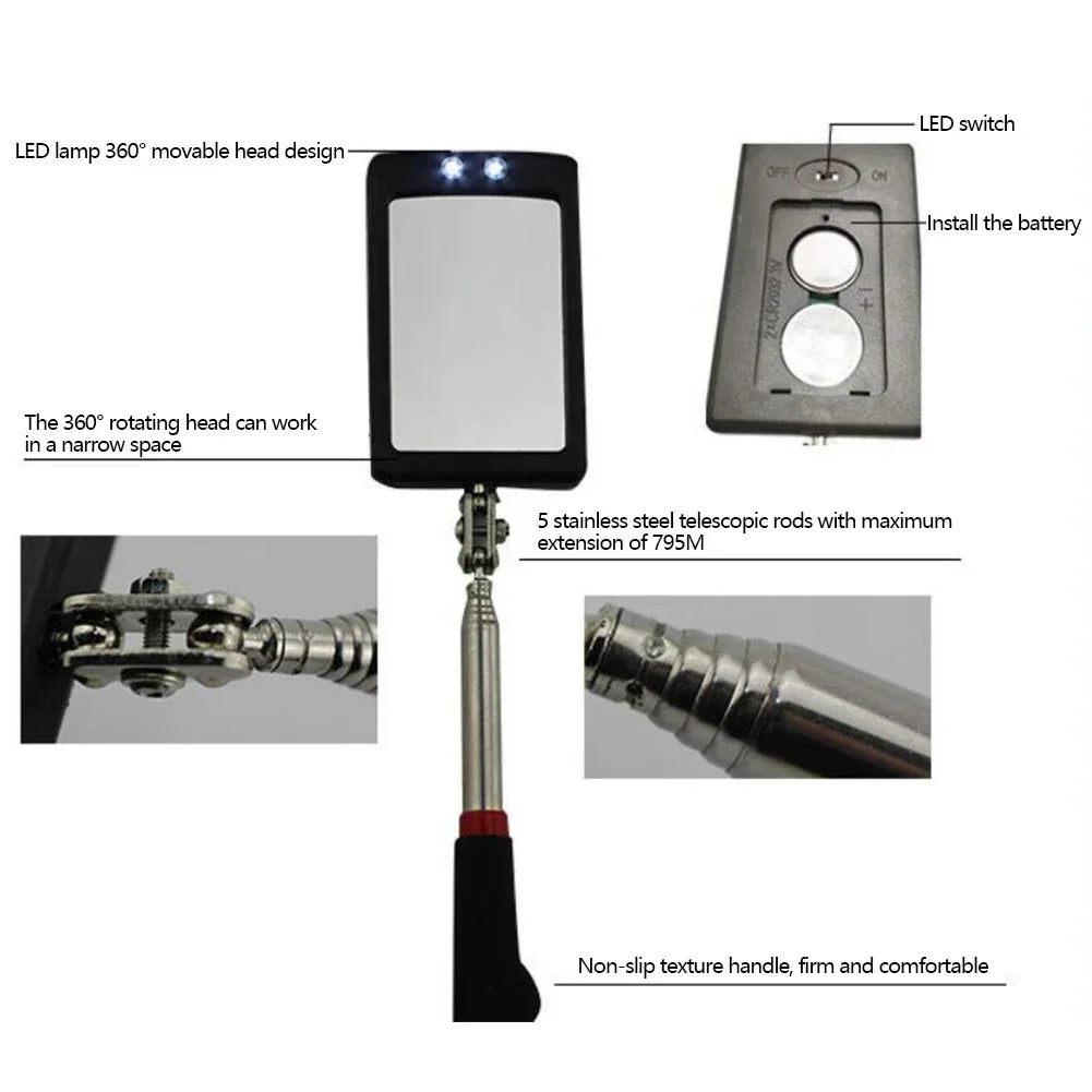Automobile Chassis Endoscope 360°Telescoping Mirrors Angle LED Light Magnification Inspection Mirror Car Repair Detection Tools HIP