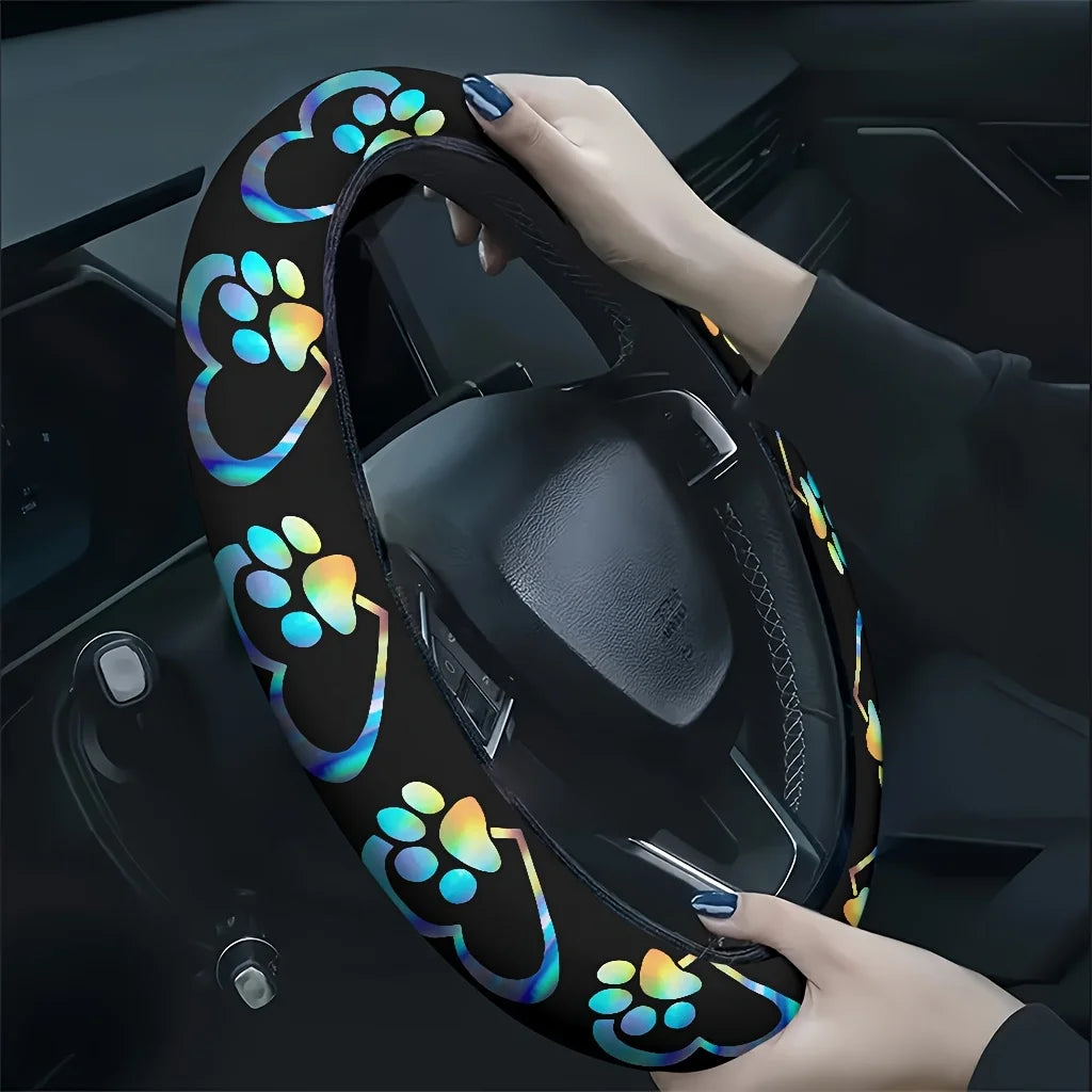 Rainbow Heart & Paw Print Steering Wheel Cover – Washable Steering Wheel Cover HIP 1