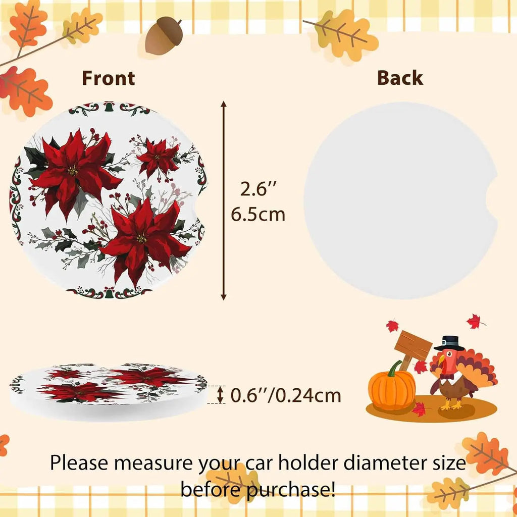 Christmas Poinsettia Ceramic Car Cup Coasters Set of 2 – 2.56" Car Cup Coasters HIP
