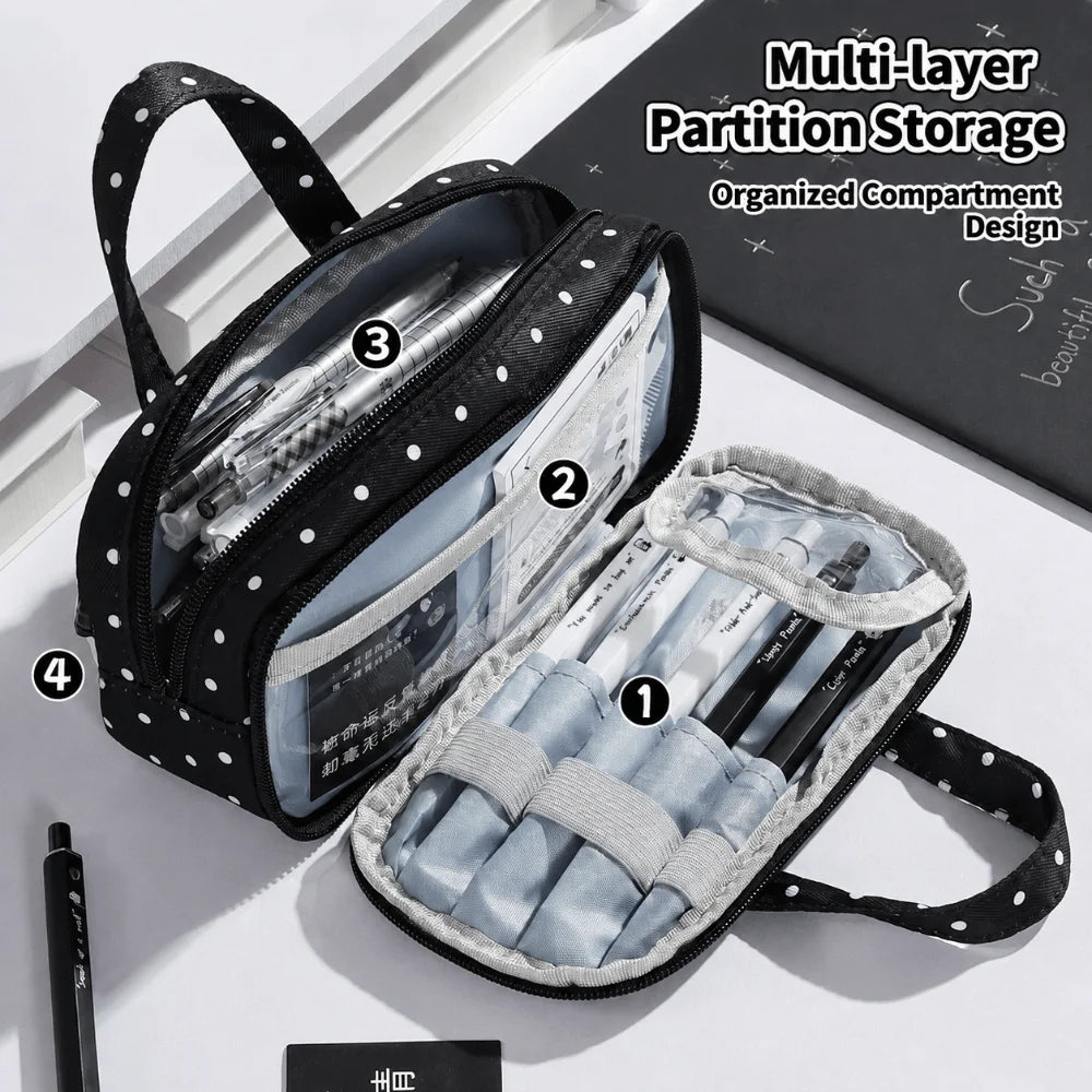 Kawaii Ruffle Lace Pencil Case – Polka Dot Multi-Layer Pouch Pencil Case HIP