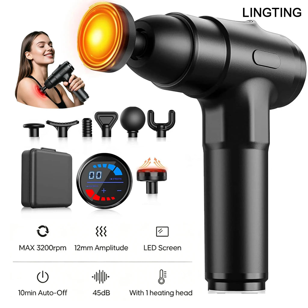 LINGTENG Heating Massage Gun – 7 Heads, LCD & Storage Case Percussion Massage Gun HIP Type C Charge United States