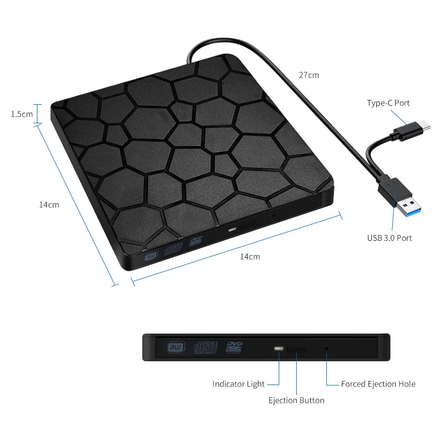 2 in 1 External DVD RW Drive USB 3.0 Type C Interface Slim DVD CD Writer Burner Reader Player Optical Drive For Laptop Notebook HIP Black