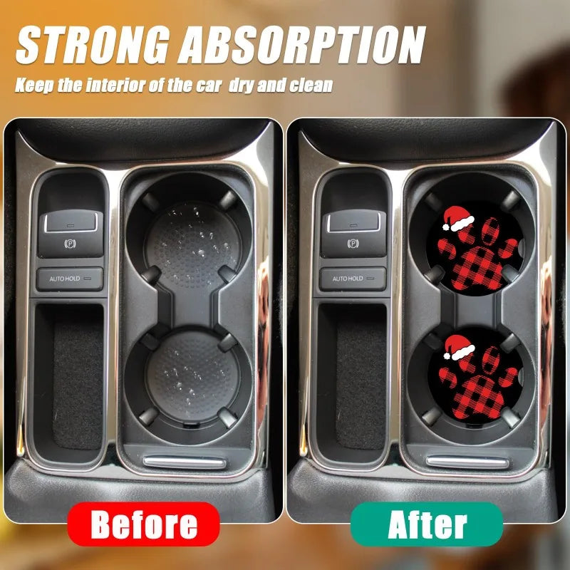 Christmas Buffalo Plaid Dog Paw Car Cup Holder Coasters 2-Pack Car Cup Coasters HIP