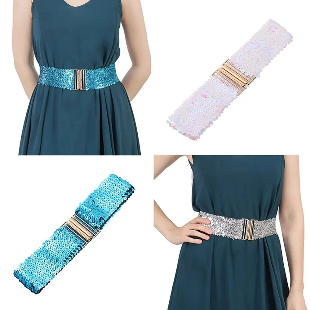 Women's Wide Sequin Belt – Gold Buckle Elastic Waistband Sequin Fashion Belt HIP