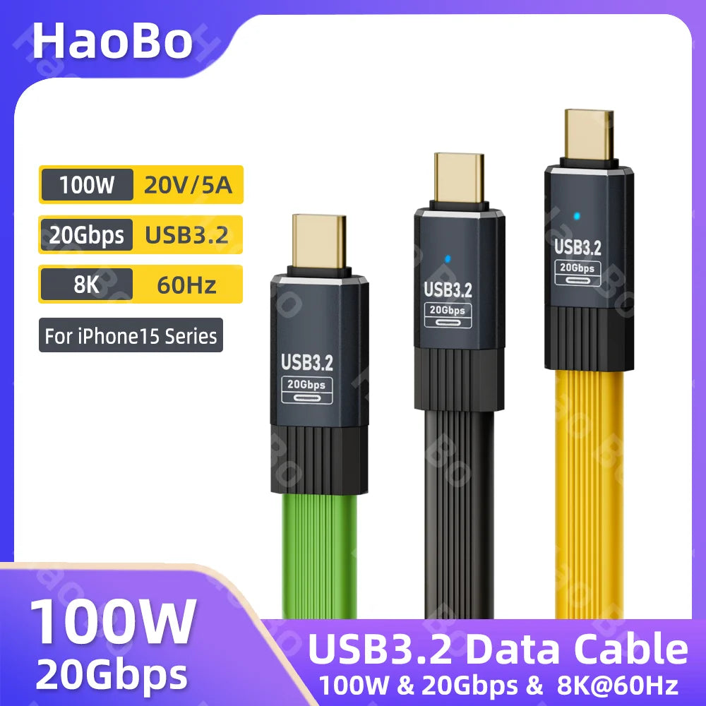 USB 3.2 20Gbps Flat USB-C Cable PD 100W 5A – 8K Thunderbolt USB-C Data Cable HIP