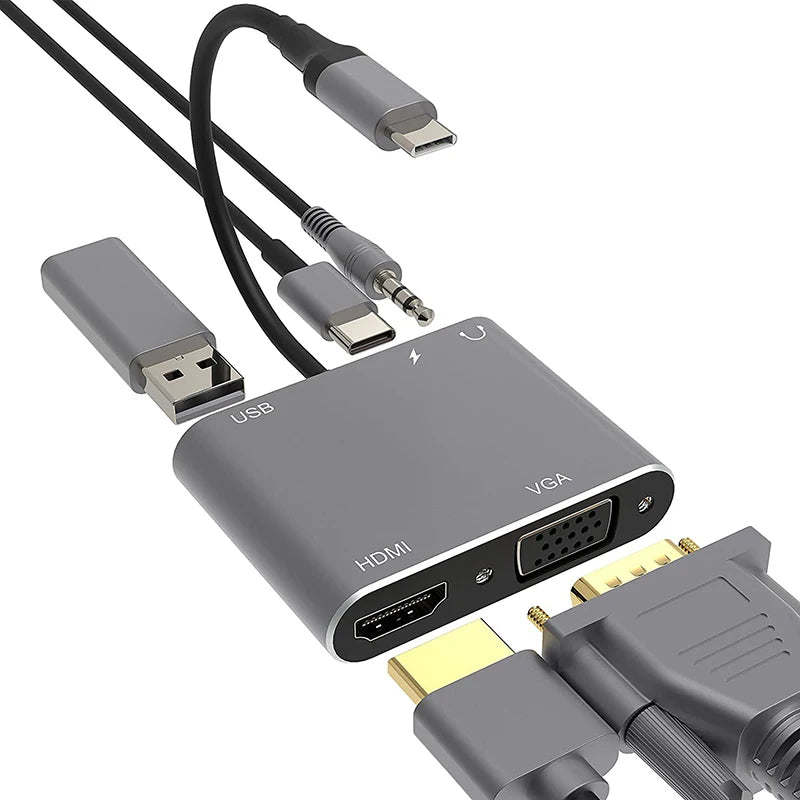 OULLX 5-in-1 USB-C Hub – 4K HDMI, VGA, USB 3.0 & PD Adapter USB-C Multiport Hub HIP