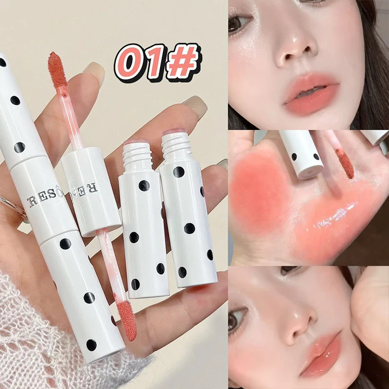 Polka Dot Dual End Water Light Lip Gloss Mirror Glass Lip Glaze Moisturizing Matte Velvet Lip Mud Korean Bean Paste Lips Makeup HIP 01