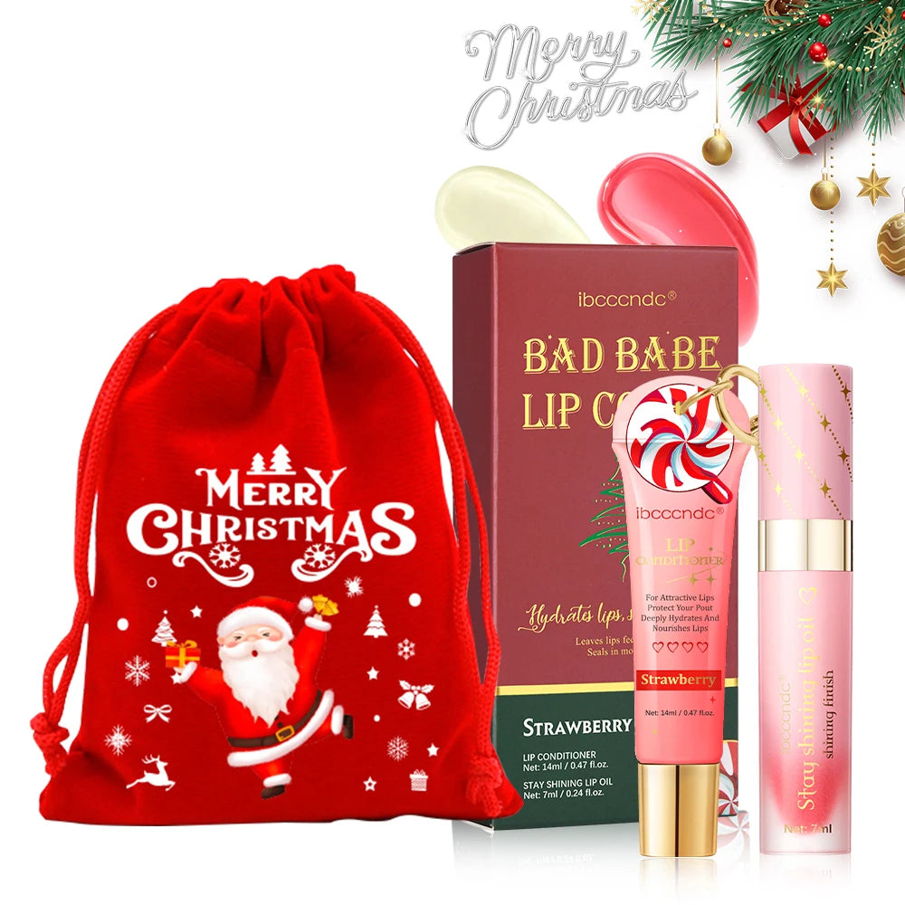 Christmas Gift 3Pcs Glossy Lip Gloss Set Strawberry Lip Balm And Lip Gloss Combo Long Lasting Hydrating Plump Lips HIP