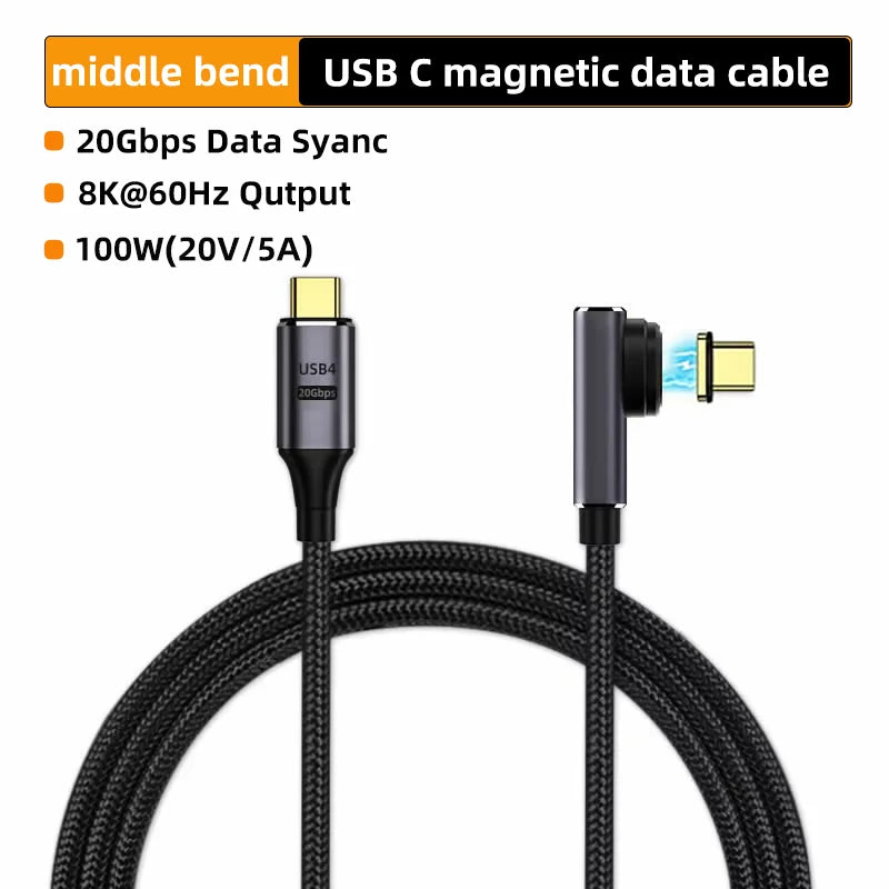 USB4 Magnetic USB-C Cable 100W 20Gbps 8K Thunderbolt 3 2m USB-C Magnetic Cable HIP Middle bend 2m