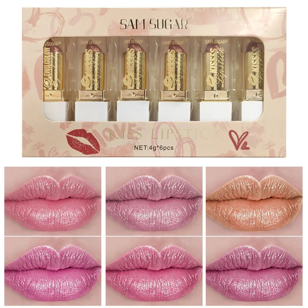 SAM SUGAR 6-Pc Pearlescent Lipstick Set – High Shine & Waterproof Lipstick Set HIP