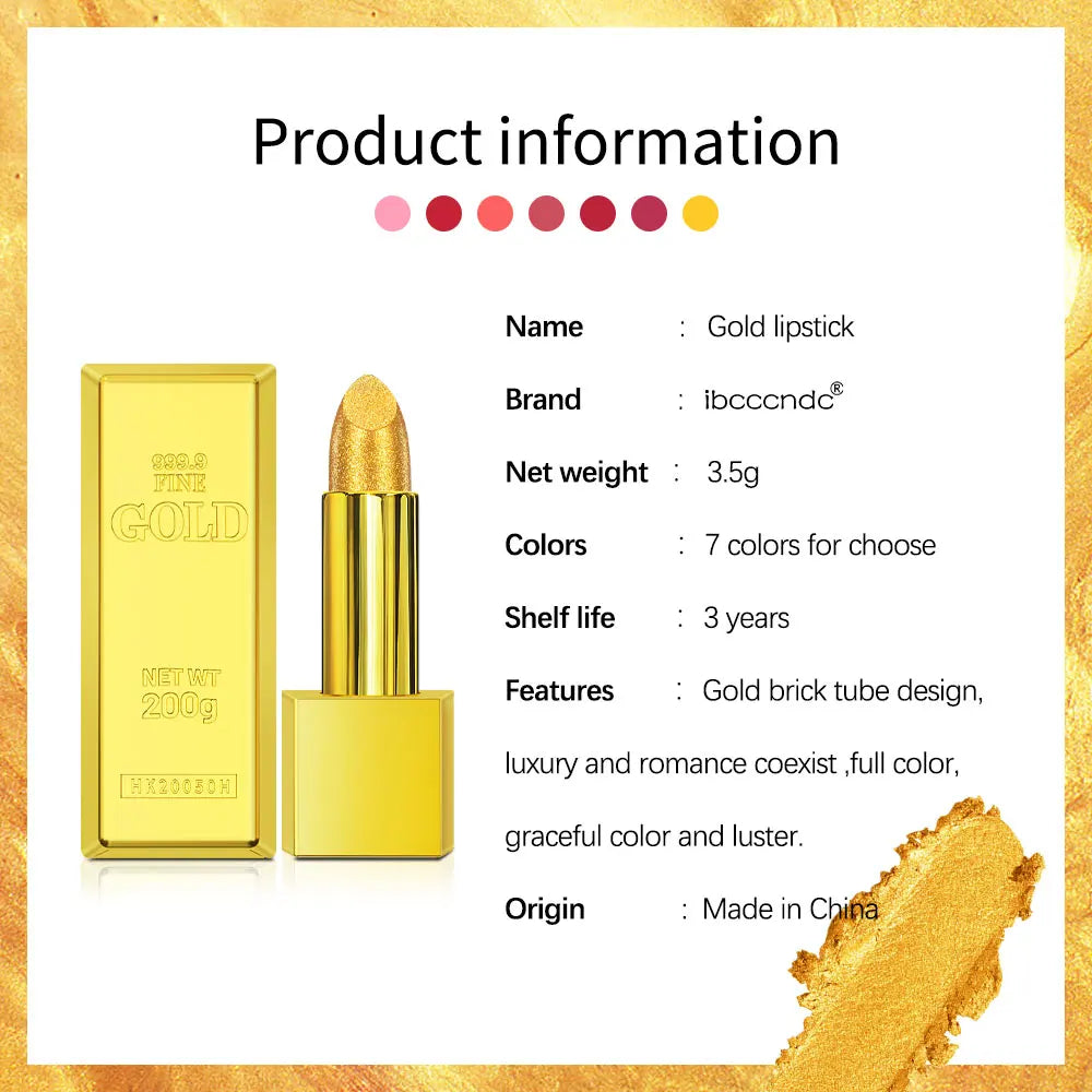 Shimmer Gold Lipstick Metallic Glitter Sexy Lipsticks Long Lasting Batom Waterproof Cosmetic Gold Brick Tube Design Gift 3.5g HIP
