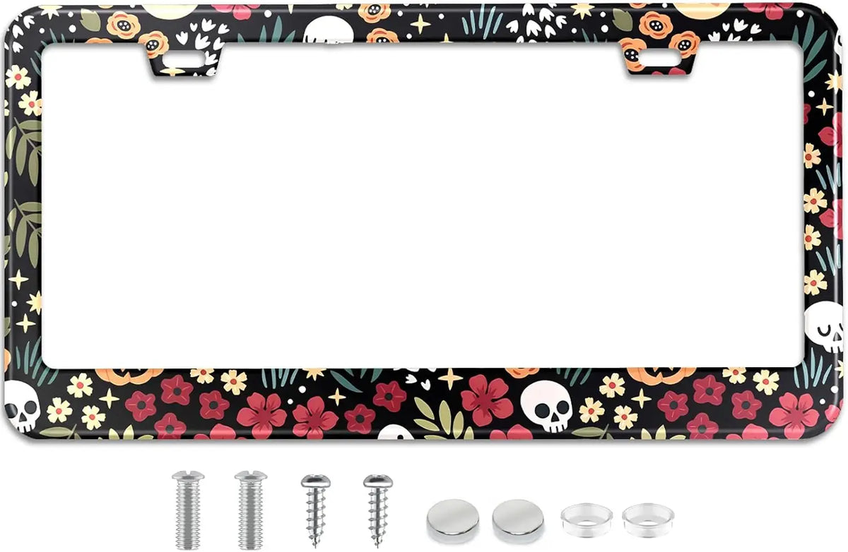 Halloween Skull Floral Stainless Steel License Plate Frame License Plate Frame HIP 1