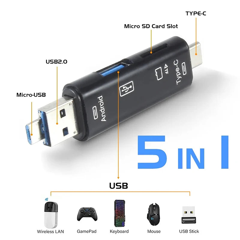 5-in-1 USB-C OTG Card Reader – SD, TF, Micro USB Adapter OTG Card Reader HIP
