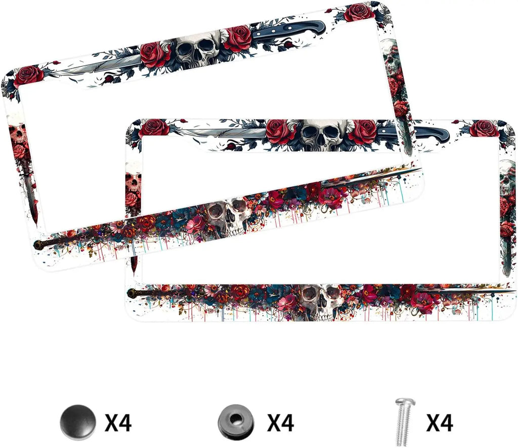 Skull & Rose Stainless Steel License Plate Frame – Gothic Car License Plate Frame HIP