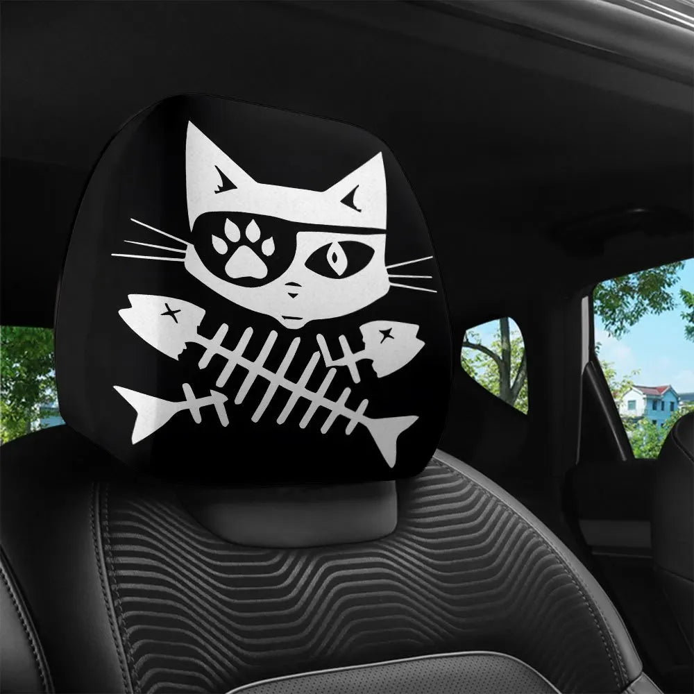2-Pack Pirate Cat Car Headrest Covers – Washable, Black Car Headrest Cover HIP