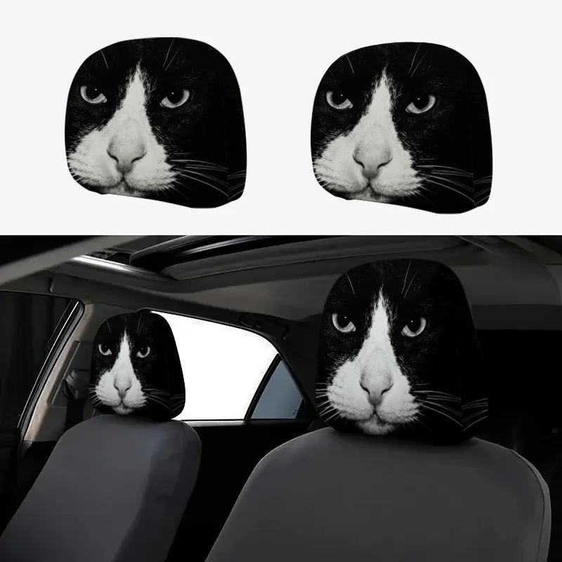 Black & White Cat Print Car Headrest Cover – 2D Flat Car Headrest Cover HIP