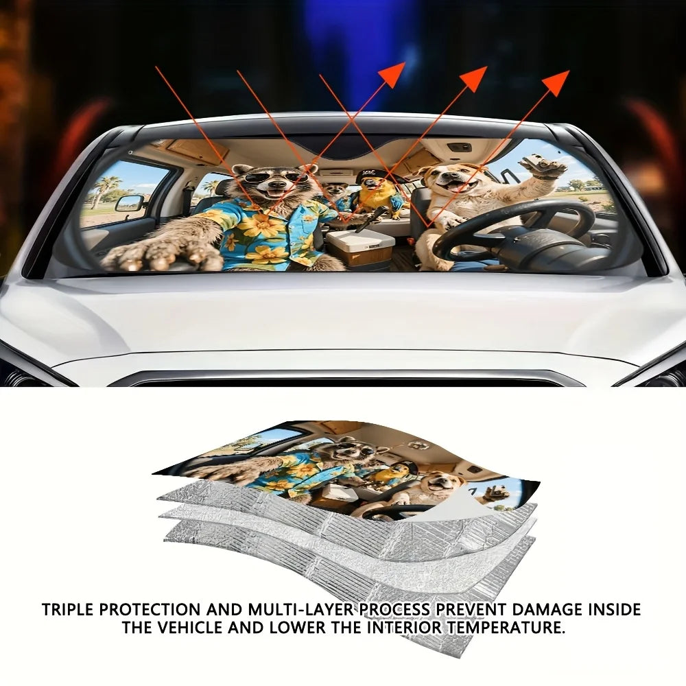 Foldable Car Sunshade – Raccoon Road Trip Print for Cars & SUVs Car Windshield Sunshade HIP