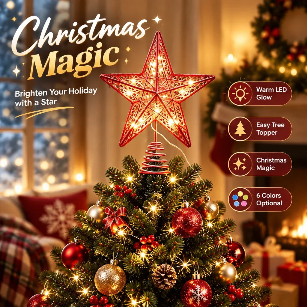 With LED Lights Iron Five-Pointed Glowing Star Christmas Tree Topper Star For Xmas Home Party Decor HIP