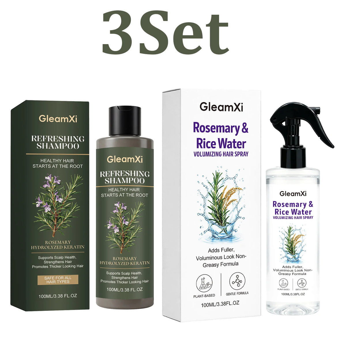 Rosemary Shampoo & Rice Water Spray Set – Volumizing Hair Kit Hair Care Set HIP 3 Set