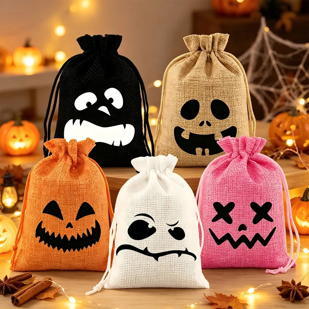Multi Functional 5PCS Halloween Drawstring Gift Bag Linen Pumpkin Spider Bag Kids Favorite Candy Bag Holiday Party Home Decor HIP