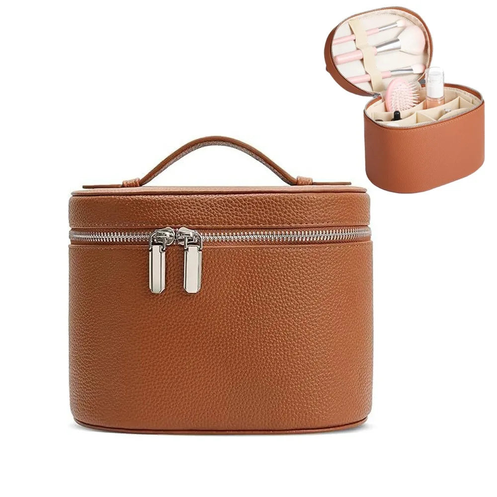 Large Capacity PU Leather Makeup Organizer Travel Bag Cosmetic Organizer Bag HIP Brown