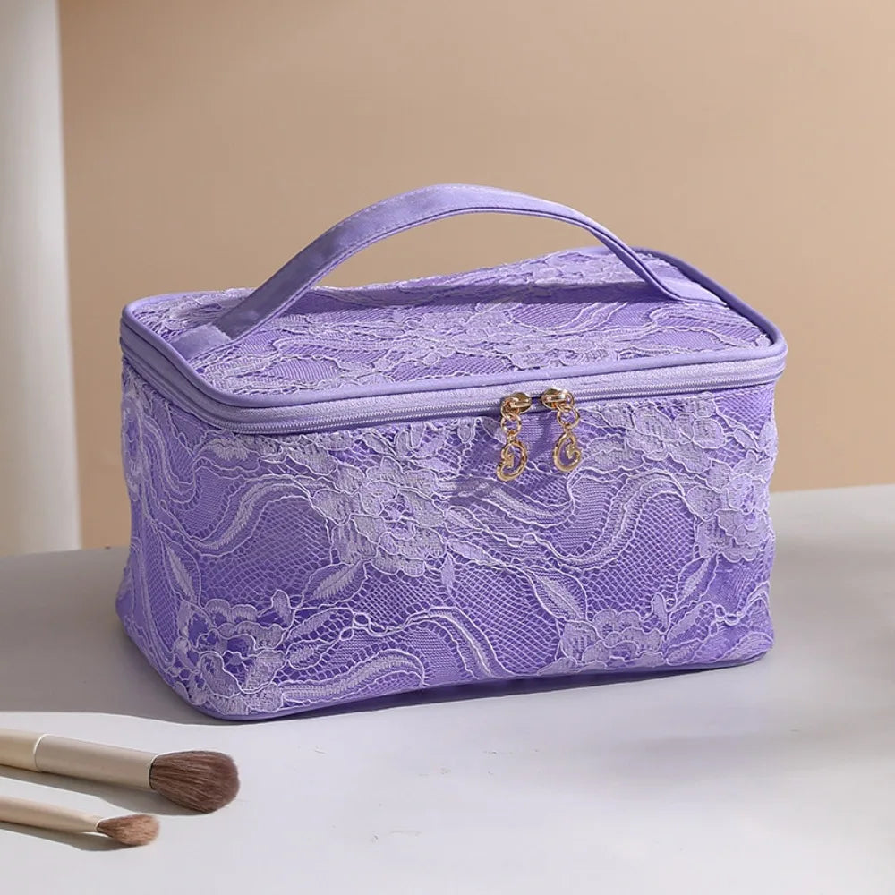 Elegant Lace Floral Makeup Bag – Large Travel Cosmetic Pouch Cosmetic Travel Bag HIP Purple