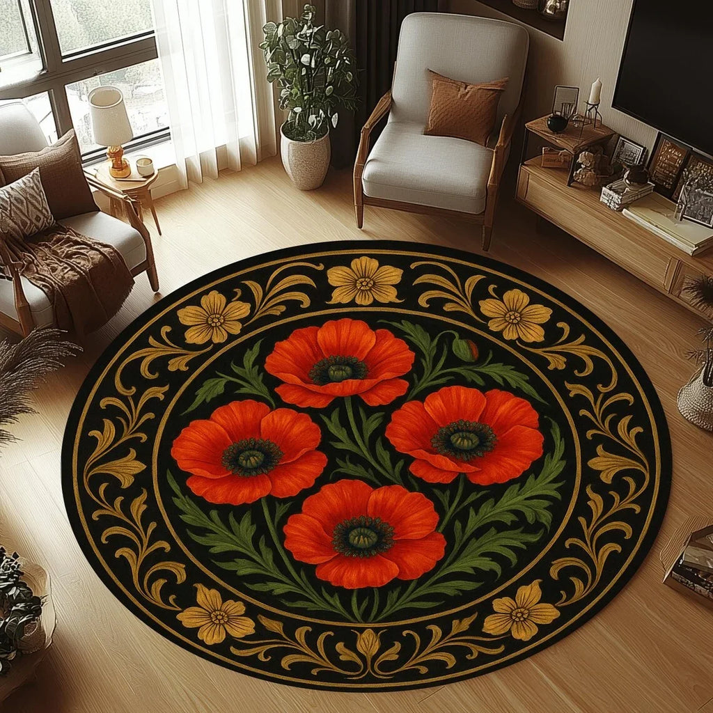 Red Poppies Floral Round Rug – Anti-Slip Washable Carpet Floral Round Rug HIP
