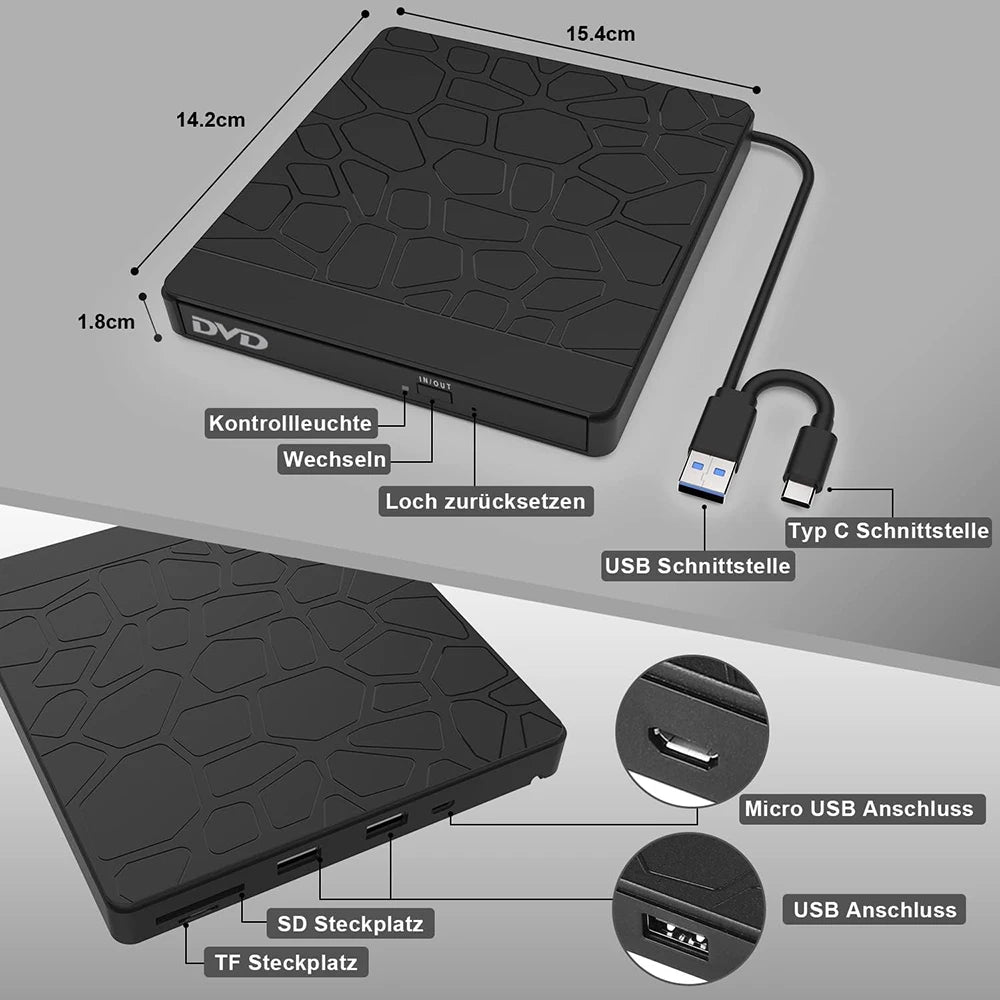 USB External DVD CD Burner Drive & Multi-Port Hub | OULLX External Optical Drive HIP