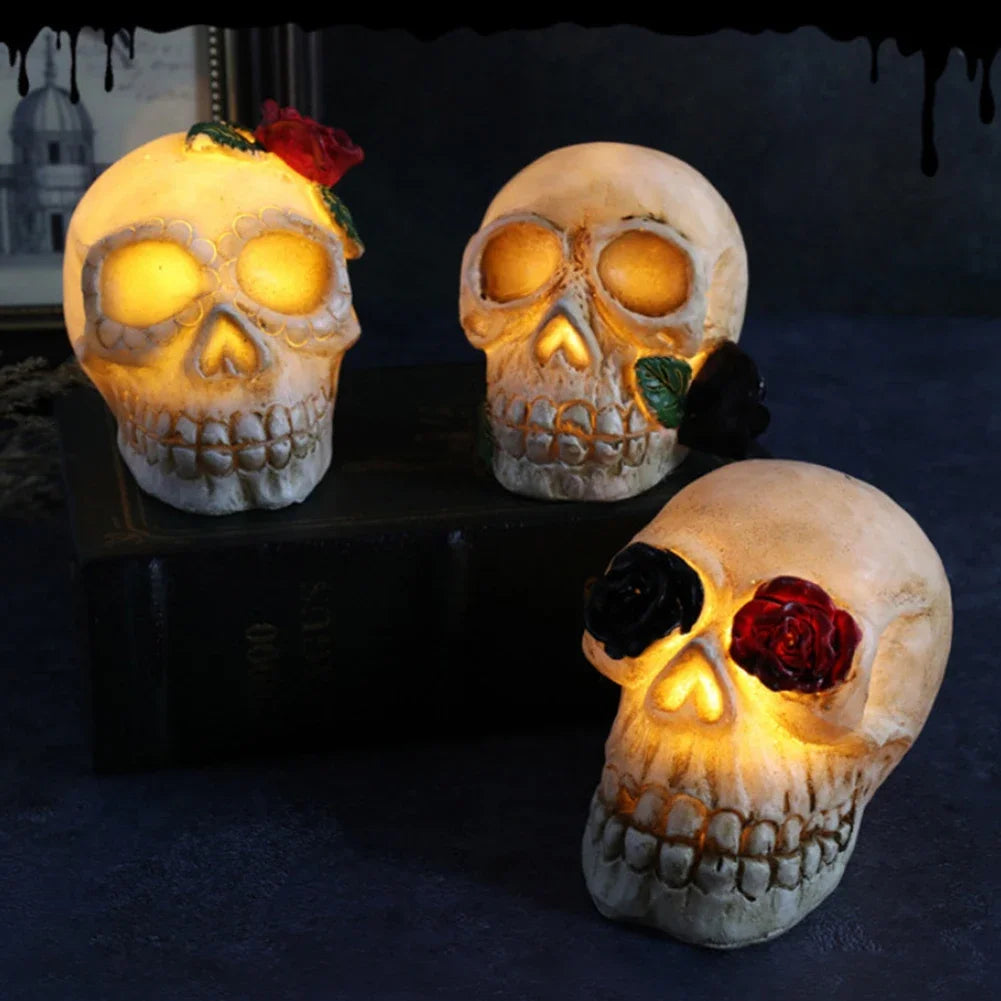 LED Glowing Skull & Rose Resin Figurine Halloween Tabletop Decoration Gothic Home Haunted House Party Day of the Dead Ornament HIP