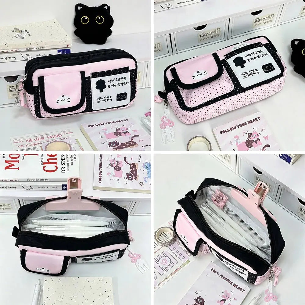 Kawaii Cat Pencil Case – Large Polka Dot Pen Bag for Students Pencil Case HIP