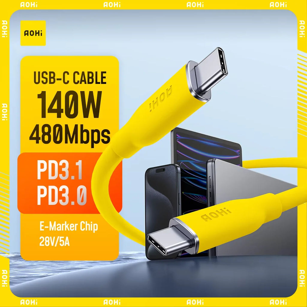 AOHI 140W USB-C Fast Charging Silicone Cable 3.3ft | PD 3.1 USB-C Charging Cable HIP YELLOW 1m China Mainland