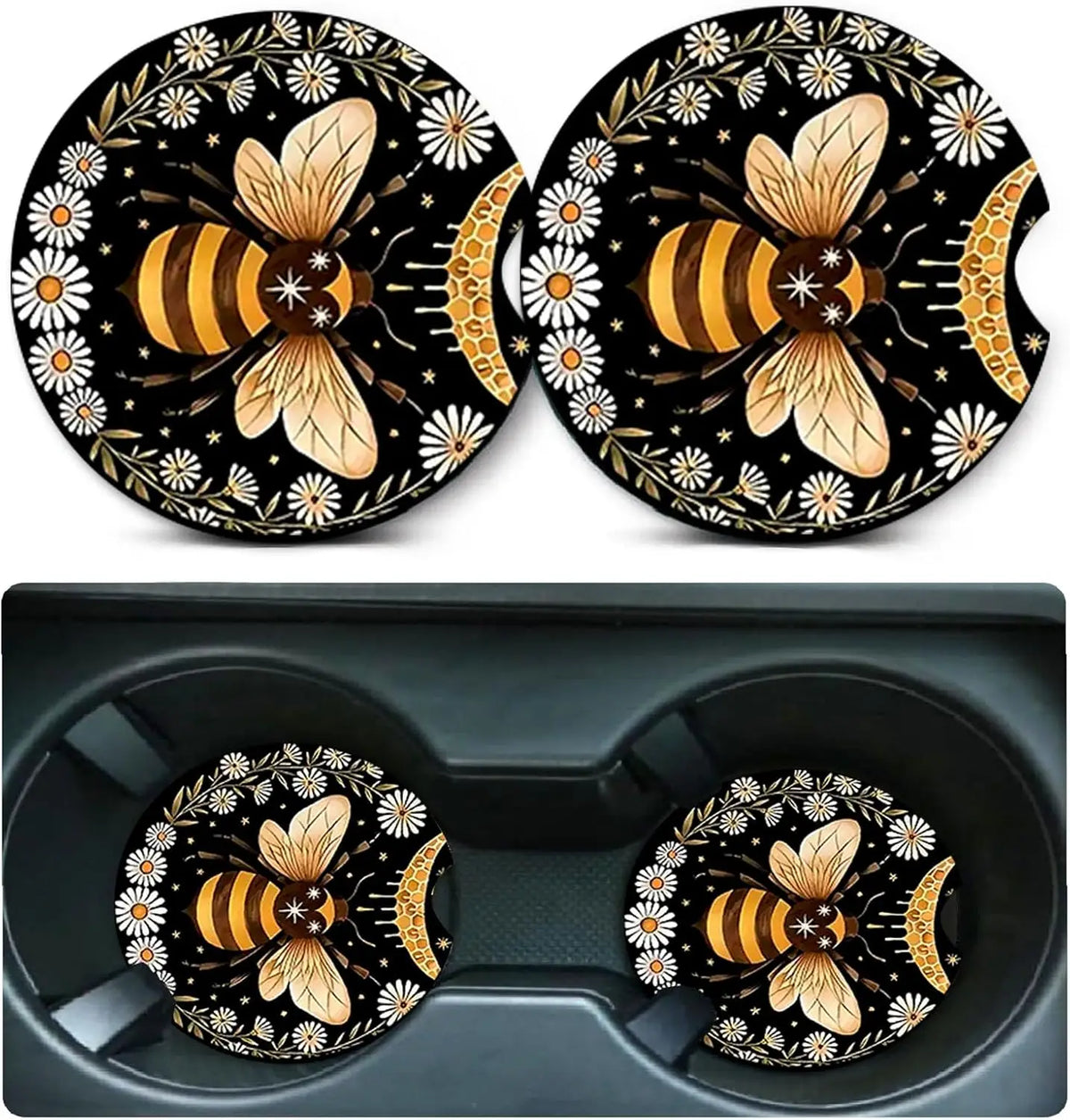 2-Pack Bee Ceramic Car Cup Holder Coasters – 2.75" Anti-Slip Car Cup Holder Coaster HIP 1 ceremic