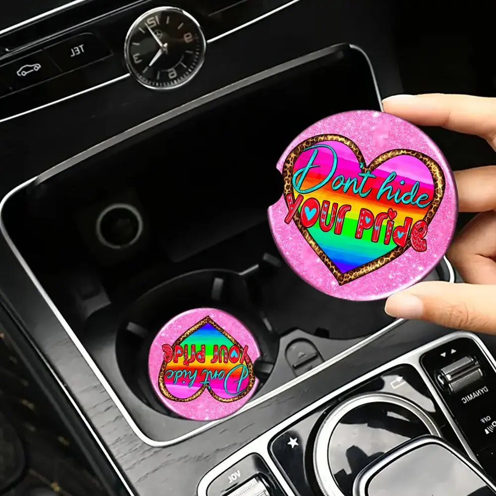 Rainbow Pride Heart Car Coasters – Heat-Resistant Acrylic Set of 2 Car Coaster Set HIP