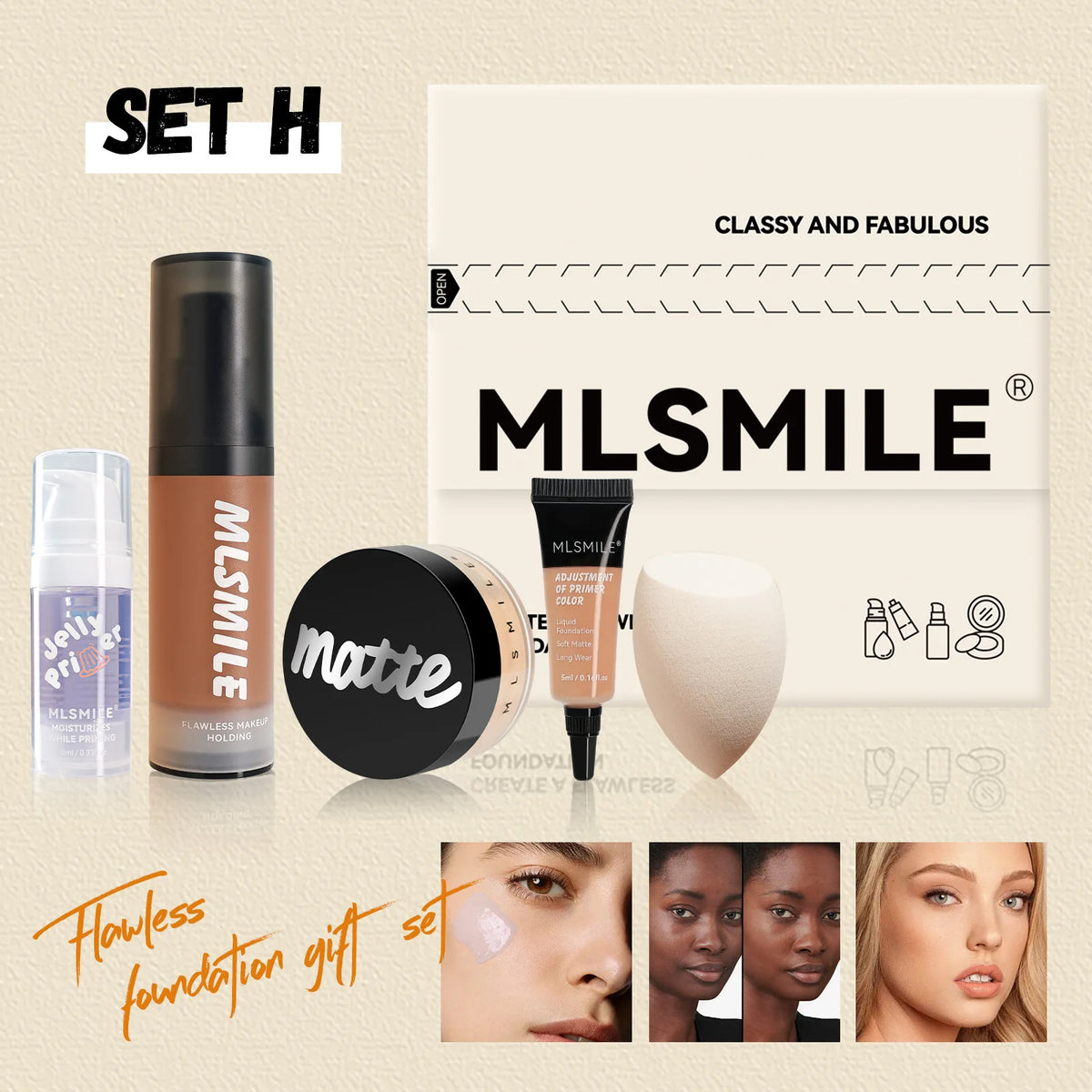 MLSMILE Flawless Makeup Set – Primer, Foundation & Powder Face Makeup Set HIP H