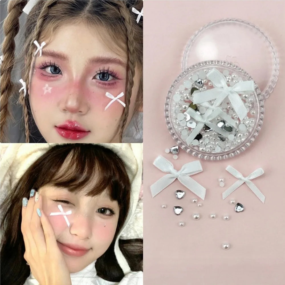 1 Box Sweet Face Jewelry Decoration Rhinestone 3D Bow Love Crystal Diamond Pearl Safe Nail Hair Accessories Festival Face Makeup HIP 02White