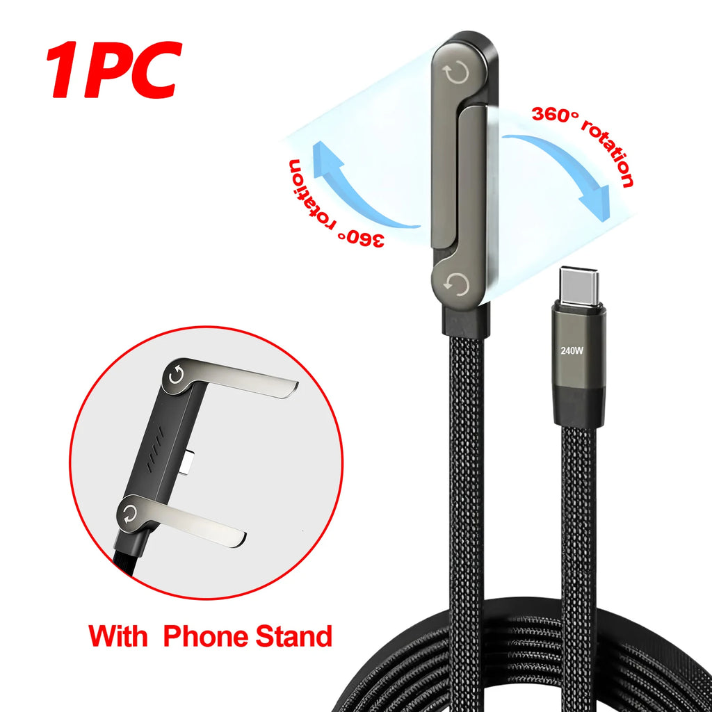 2-in-1 USB-C 240W Fast Charging Cable & Foldable Phone Stand USB-C Charging Cable HIP Black--1PC