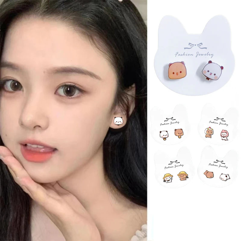 Panda Bubu & Yier Silver Needle Ear Studs – Cartoon Gift Cartoon Stud Earrings HIP