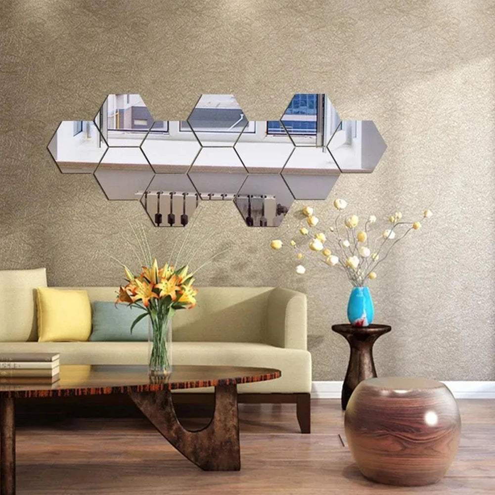 12Pcs Acrylic Hexagonal Mirror Wall Stickers 3D DIY Self-adhesive Decorative Wall Stickers Mirror Art Wall Decor Home Decoration HIP