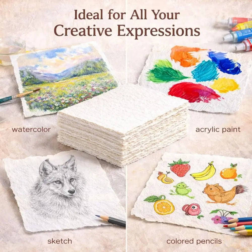 20-Sheet Handmade Cotton Watercolor Paper – Deckled Edge 4x6" Watercolor Paper HIP
