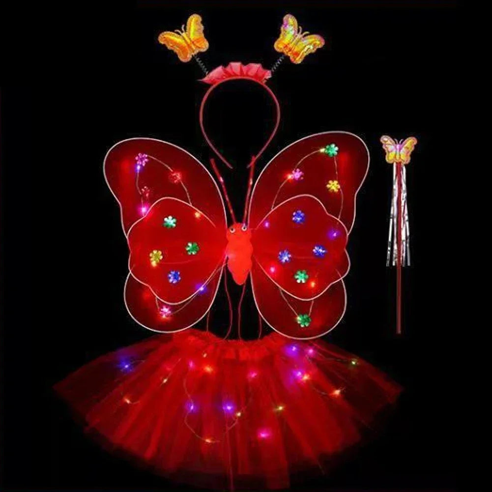 3/4Pcs/Set Double Layers Girls Led Flashing Light Fairy Butterfly Wing Wand Headband Costume Toy Gift Halloween Decoration HIP 4pcs Red