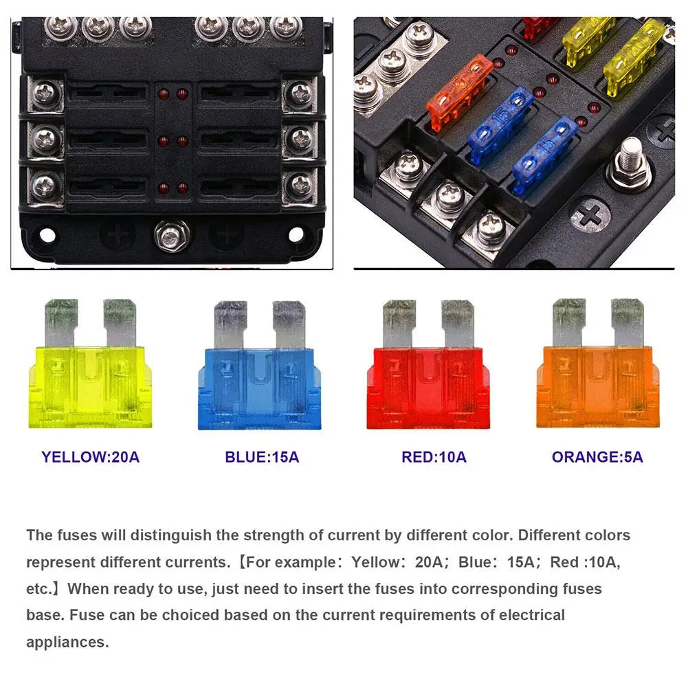 Car Boat Fuse Box Holder With 6 Ways 12 Ways Blade Fuse Holder Block & Warning Indicator 12V 36V Power Distribution Panel Board HIP