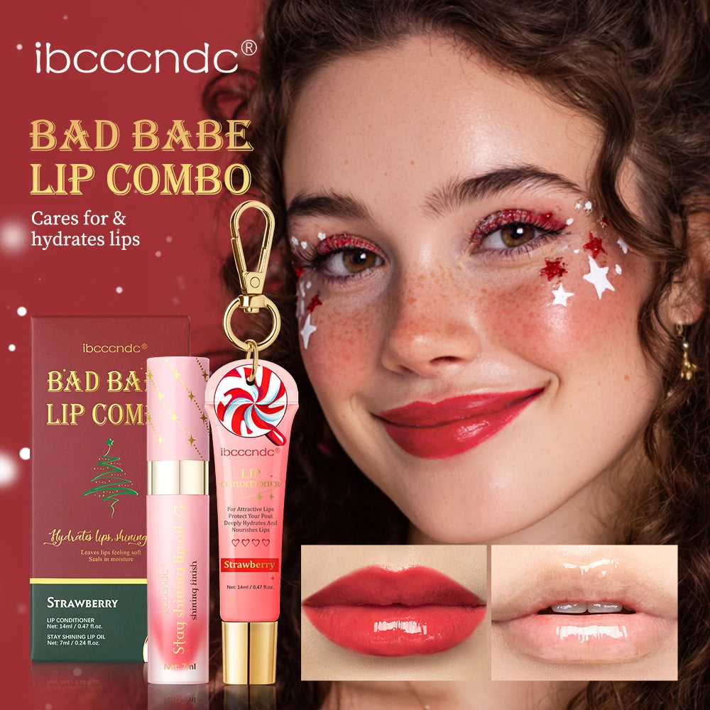 2pcs Bad Girl Glossy Christmas Lip Gloss Set Strawberry Lip Balm and Lip Gloss Combo Long-Lasting Hydrating Plump Lips Christmas HIP