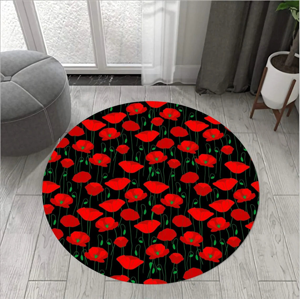 Red Poppies Floral Round Rug – Anti-Slip Washable Carpet Floral Round Rug HIP 4 40x40cm