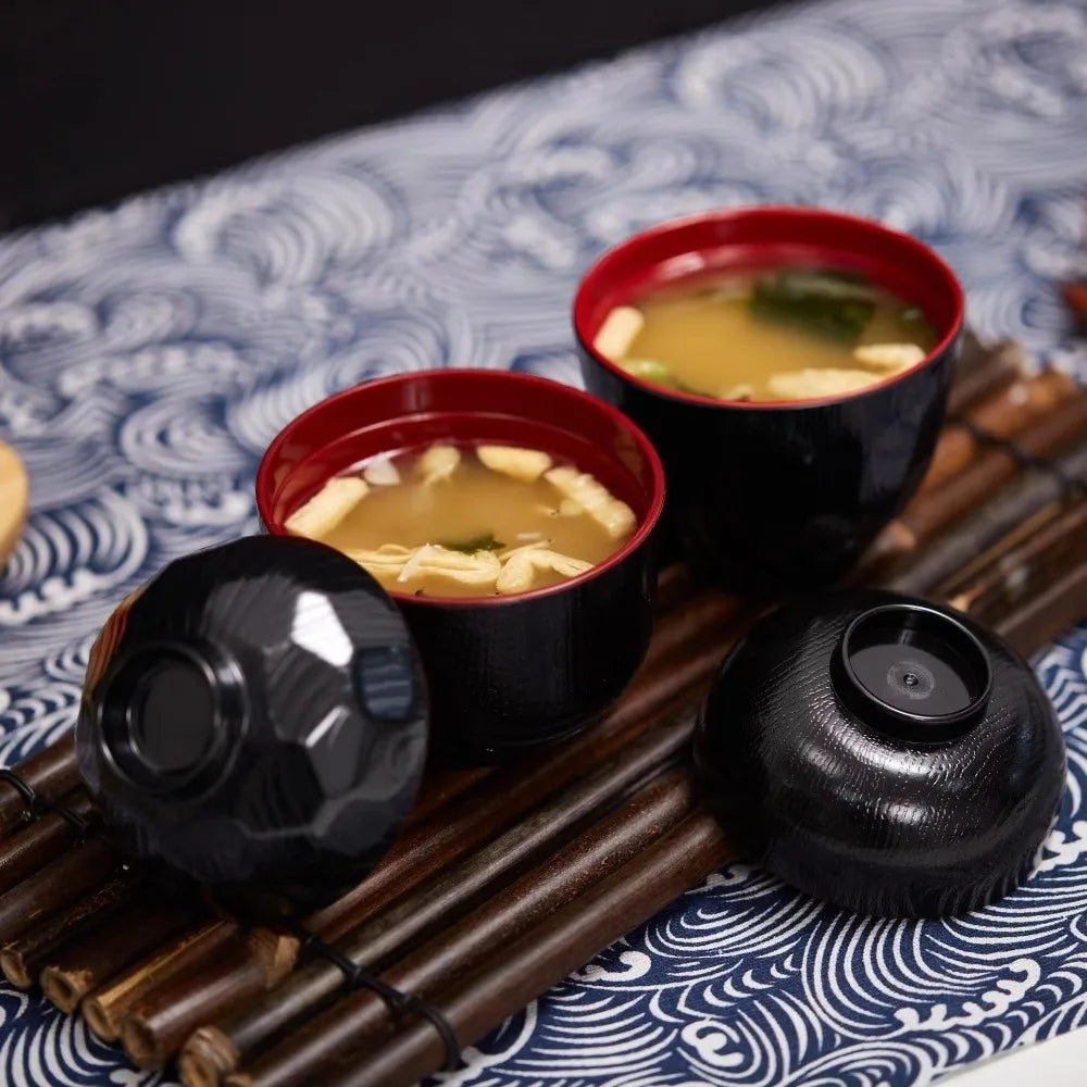 Japanese Miso Soup Bowl with Lid – Food-Grade ABS | Black & Red Soup Bowl with Lid HIP