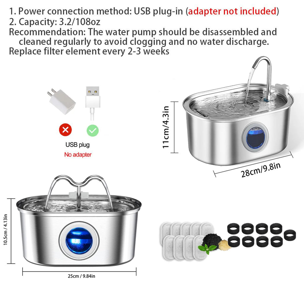 Stainless Steel Cat Water Fountain 3.2L/108oz, Ultra Quiet Pet Water Dispenser Dog Fountain with 9 Replacement Filters HIP