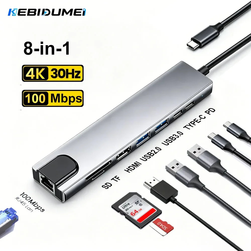 KEBIDUMEI 8-in-1 USB-C Hub – 4K HDMI, RJ45, PD 100W Dock USB-C Docking Station HIP